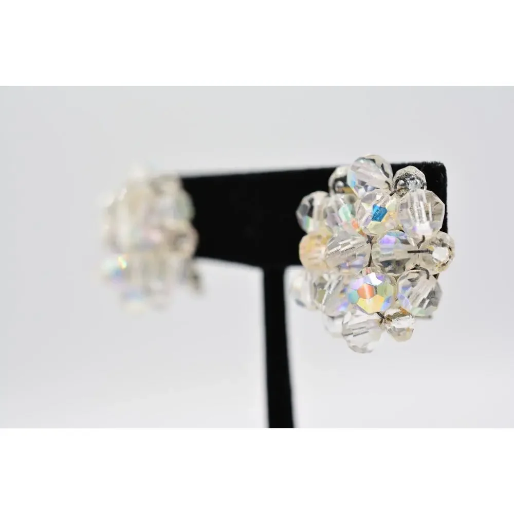 Vintage Crystal Clip On Earrings Aurora Borealis AB Cluster Silver Tone BinAA